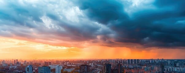Dramatic sunset sky with dark clouds over city skyline.