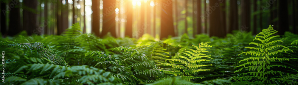 Poster beautiful sunlight filtering through a lush green forest with ferns in the foreground, creating a pe