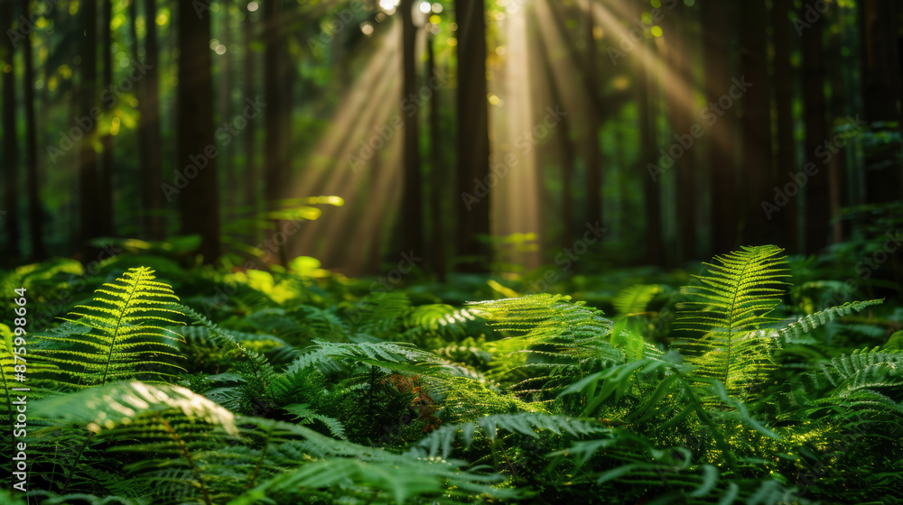Poster sunlight filtering through tall trees illuminates lush green ferns in a peaceful forest, creating a 