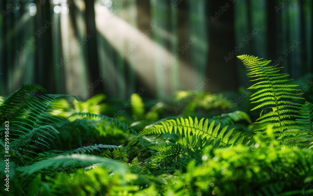 Aufkleber sunlight streaming through trees, illuminating fern leaves in a dense forest, creating a serene and 