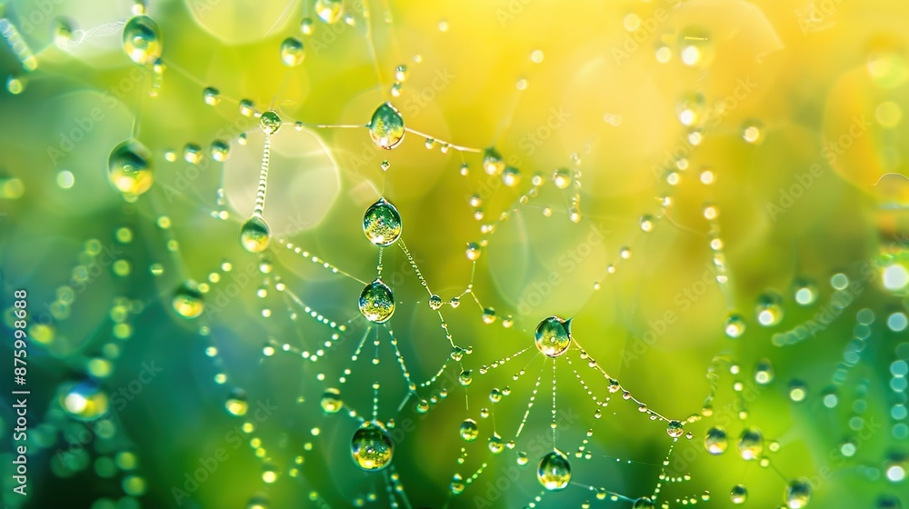 Poster sparkling macro water droplets on spider web with nature bokeh background