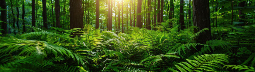 Fototapeta premium Sunlight filtering through dense forest, illuminating vibrant green ferns below, creating a serene natural scene.