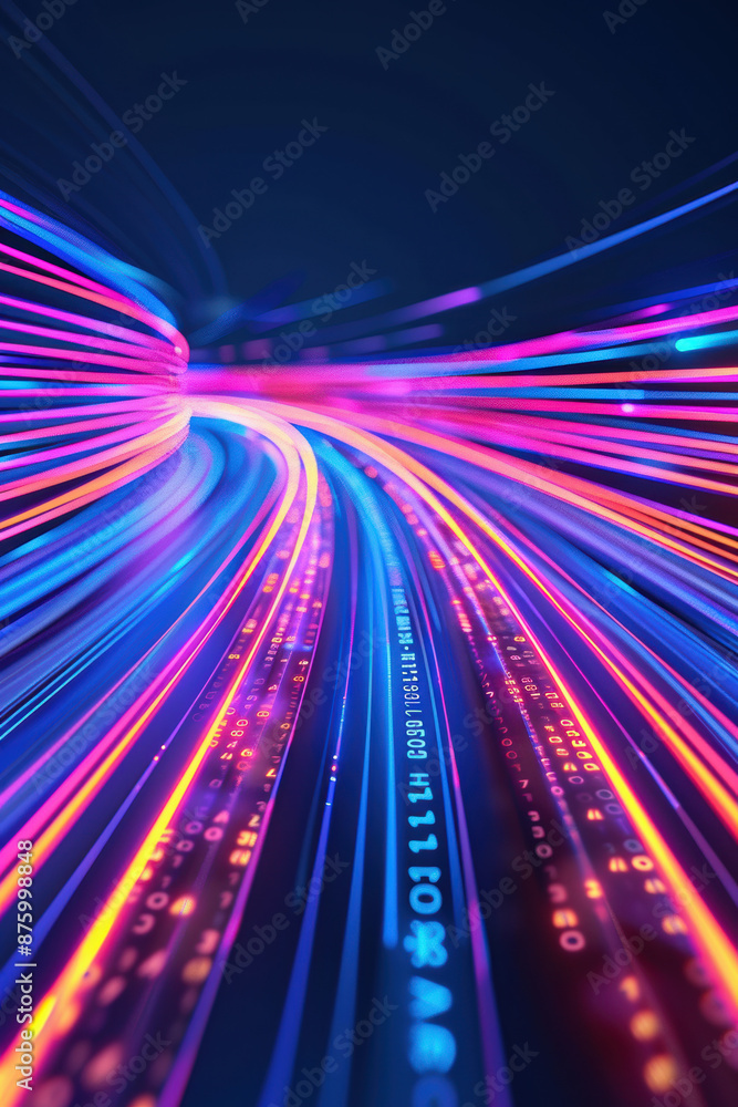 Poster abstract neon light trails and binary code representing fast data transfer and technology advancemen