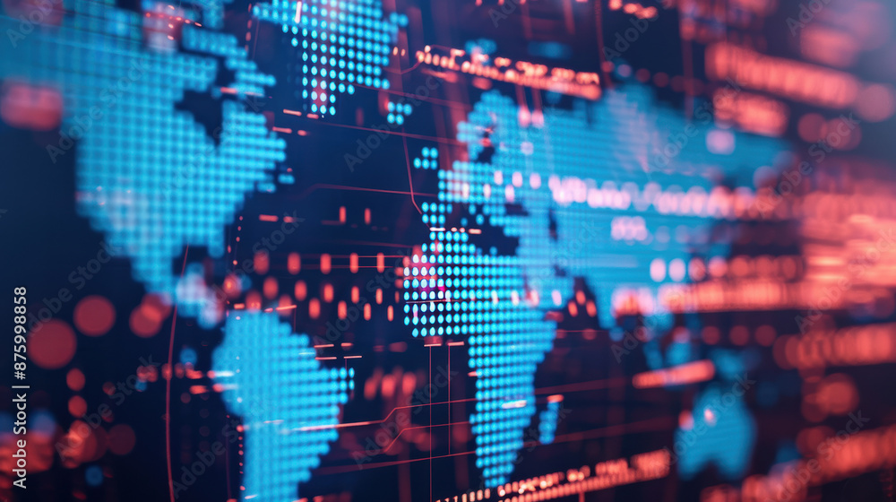 Poster global digital network concept with a futuristic world map highlighting data, connectivity, and tech