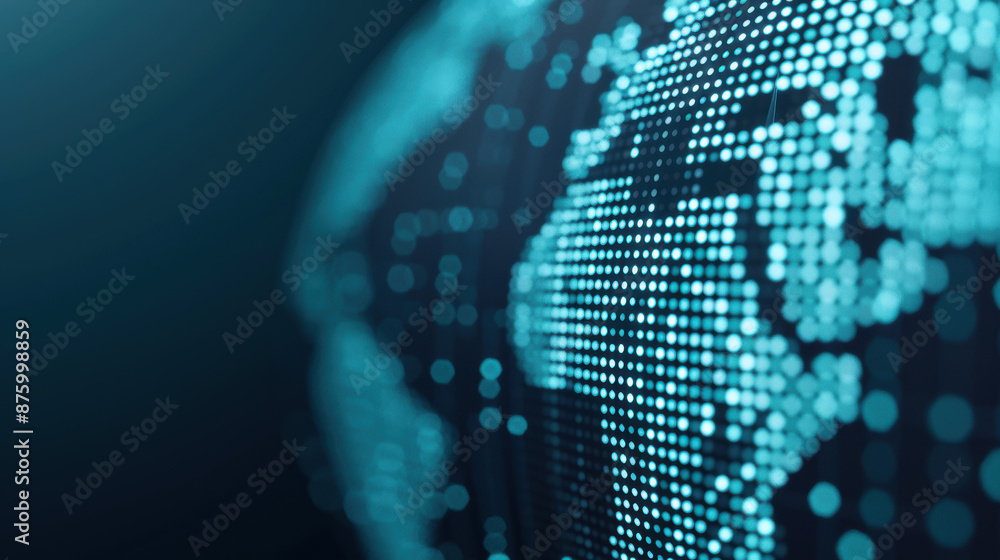 Poster digital globe illustration with light dots representing global connectivity and data exchange on a d