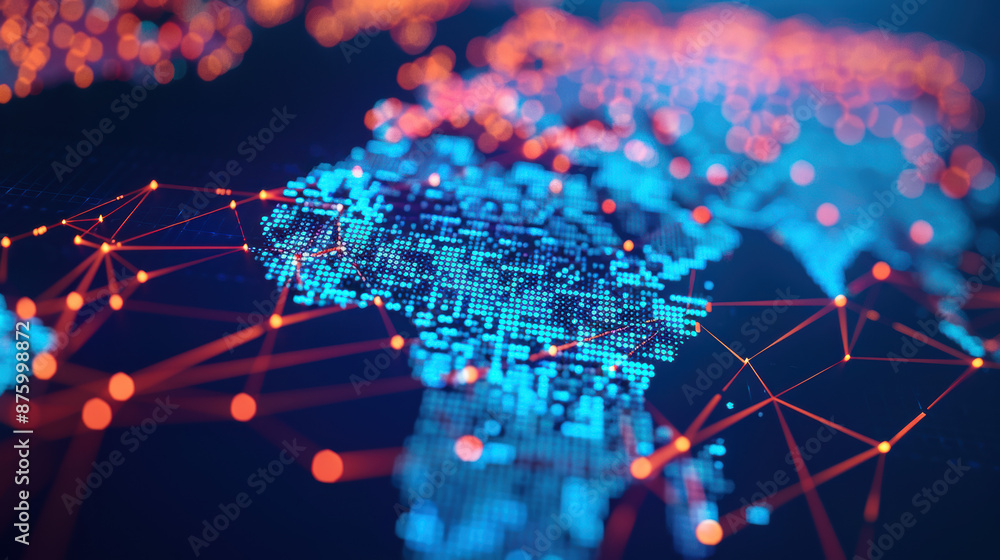 Aufkleber digital world map with glowing network connections, representing global communication and technology