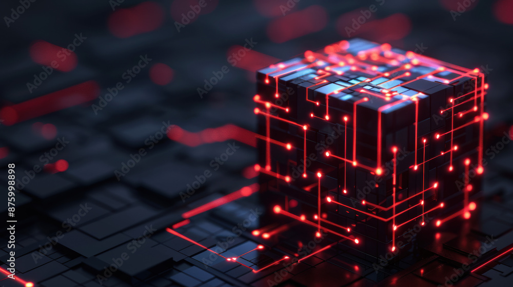 Poster futuristic digital cube with glowing red circuits, representing technology, innovation, and advanced