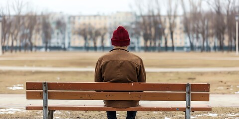 Man in a red hat sits alone on a park bench.