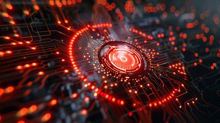 Obraz premium Added reality light orange glowing eye with embedded digital technology and microchip printed board background for ophtalmology and optics concept