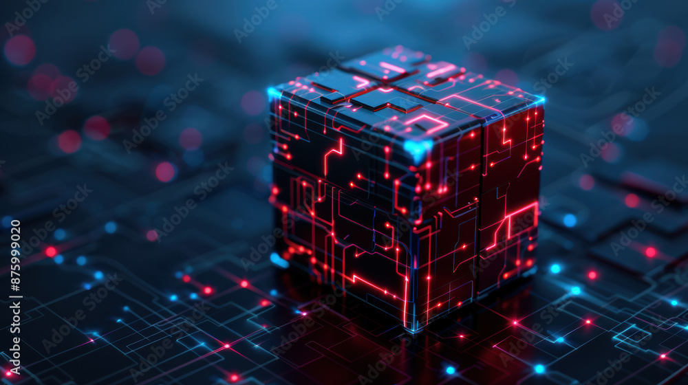 Poster futuristic glowing cube with intricate circuitry patterns on dark background, symbolizing advanced t