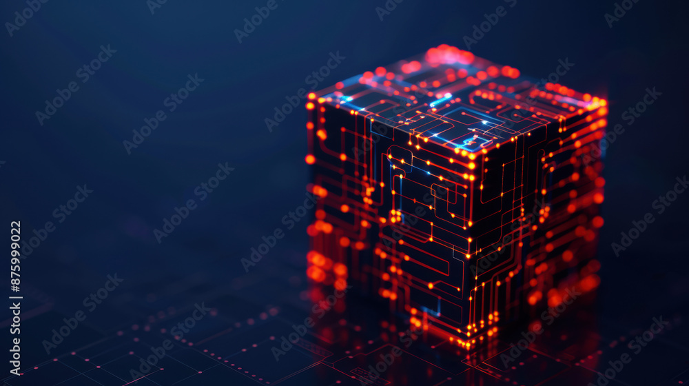 Poster futuristic digital cube with glowing circuits and intricate patterns, representing advanced technolo