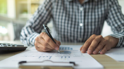 Close-up of hands analyzing financial documents with pen on desk, depicting business, finance, and data analysis in professional setting.