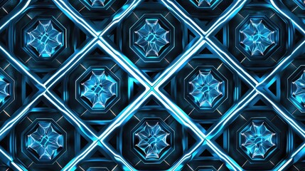 Medieval pattern with seamless isometric hexagons in neon blue