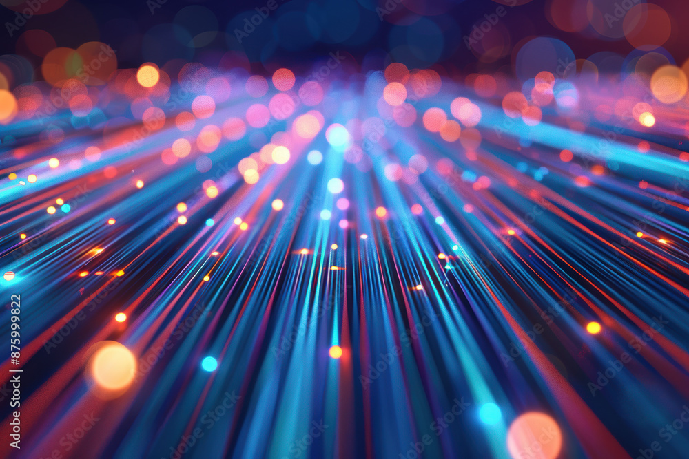 Poster dynamic image of glowing fiber optics with vibrant multicolored bokeh lights, symbolizing technology