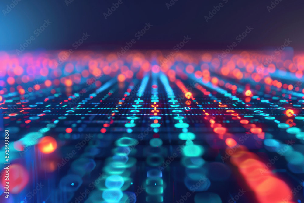Poster abstract digital background with glowing binary code in blue and red hues. technology and data visua