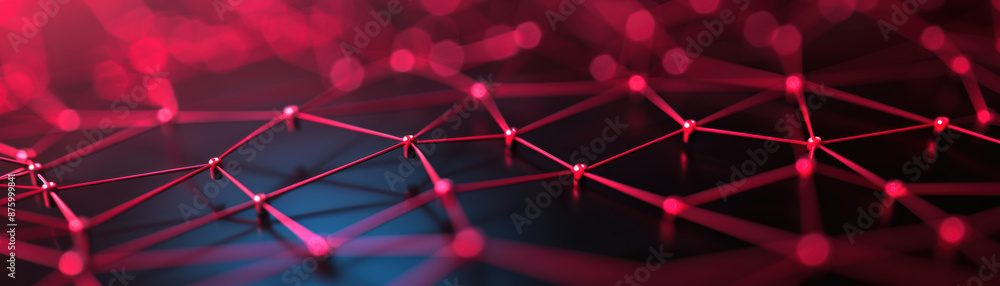 Poster abstract futuristic background with glowing red and pink lines connected forming a network on a dark