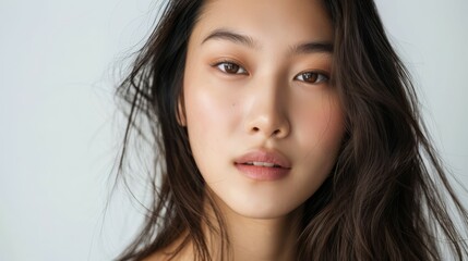 Naklejka premium Flawless Beauty: Radiant Korean Makeup Look on Young Asian Woman for Skincare Advertisement