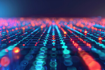 Fototapeta premium Abstract digital background with glowing binary code in blue and red hues. Technology and data visualization concept.