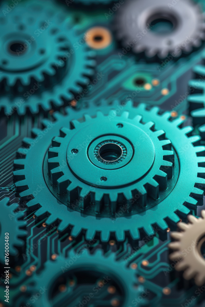Poster close-up of interconnected metallic gears on a circuit board, showcasing technology, mechanics, and 