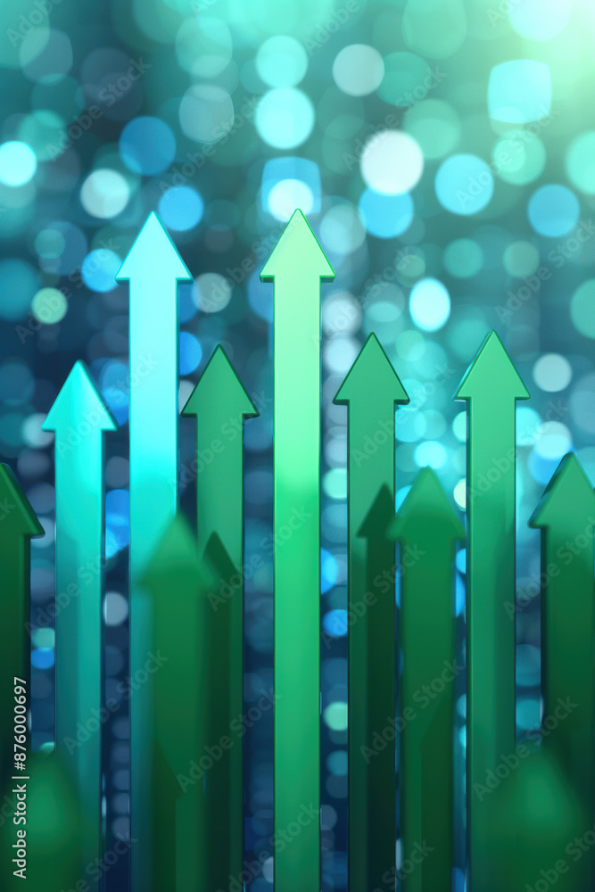 Poster green arrows pointing upwards against a bokeh background, symbolizing growth, progress, and success 