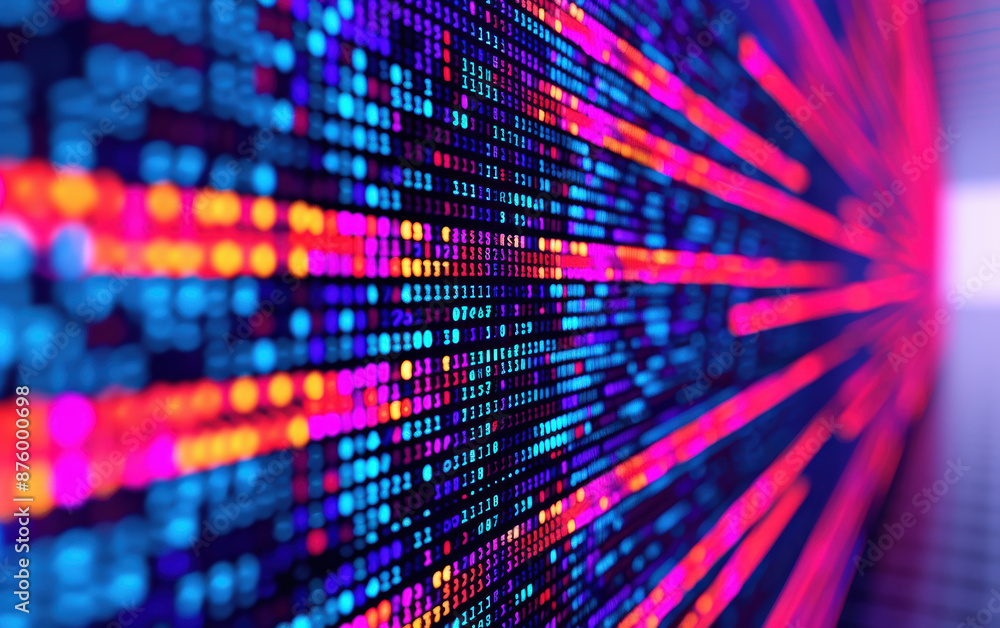 Poster abstract digital data visualization with vibrant neon lights, showcasing high-tech coding and futuri