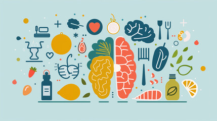 Illustration of a brain surrounded by various healthy foods and wellness icons