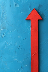 Red arrow pointing up on blue textured background, symbolizing growth, progress, and upward direction, perfect for business or motivational concepts.