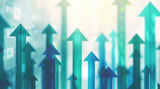 Abstract financial growth concept with dynamic arrows pointing upwards, representing positive progress, business success, and market trends.