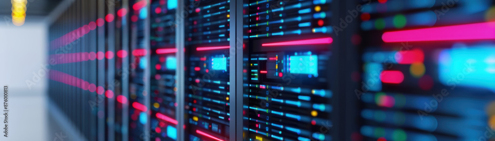 Poster blurred data server racks in modern data center with colorful led lights indicating processing activ
