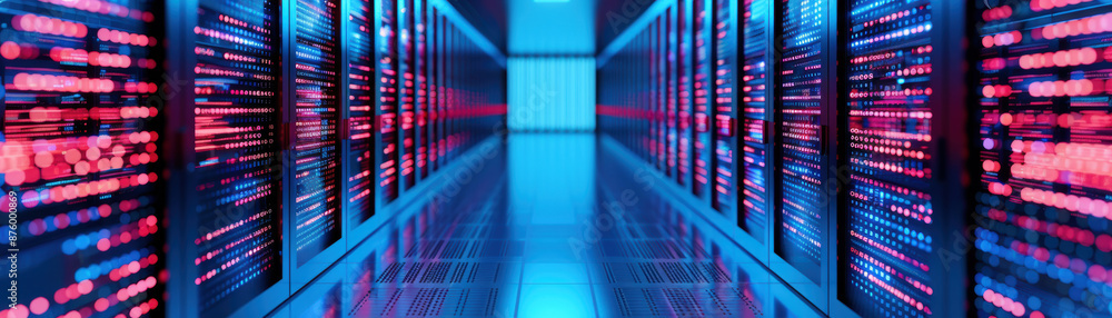Poster modern data center with rows of server racks and colorful led lights, illustrating high-performance 