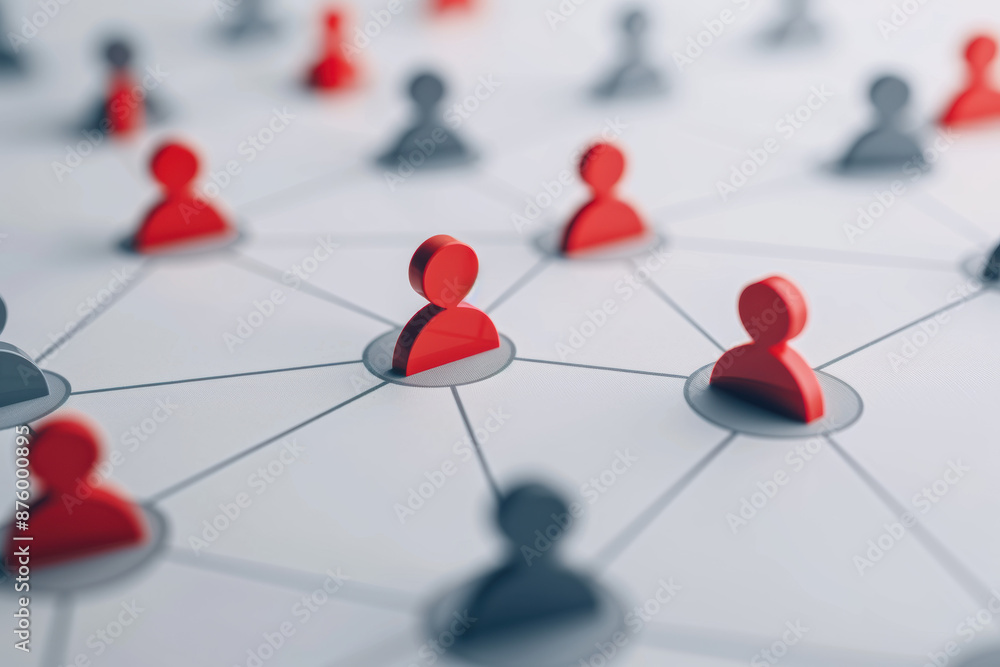 Poster abstract representation of a connected network with red figures standing out among grey nodes, symbo