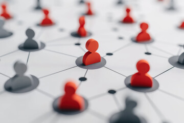Close-up of a network with red and black figurines connected by lines, symbolizing leadership, teamwork, and social connections in a business context.