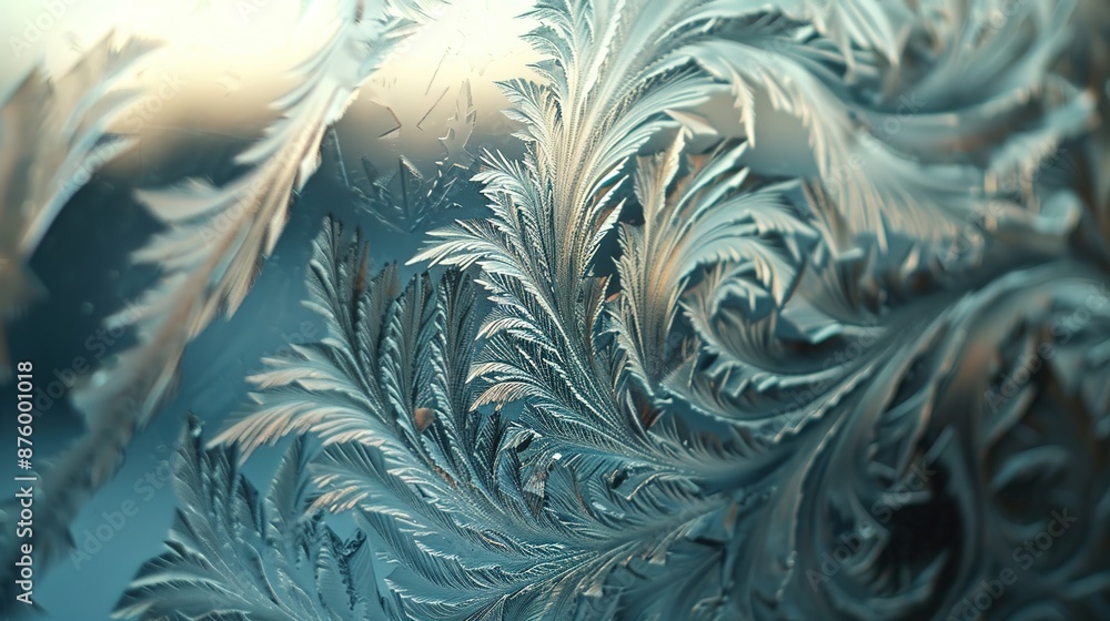 Poster beautiful macro frost patterns on winter windowpane - close-up ice crystals formation with intricate