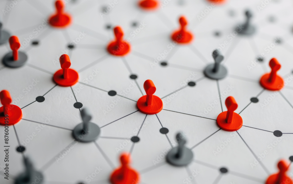 Poster conceptual image of interconnected red and grey markers on a white surface, symbolizing a network or