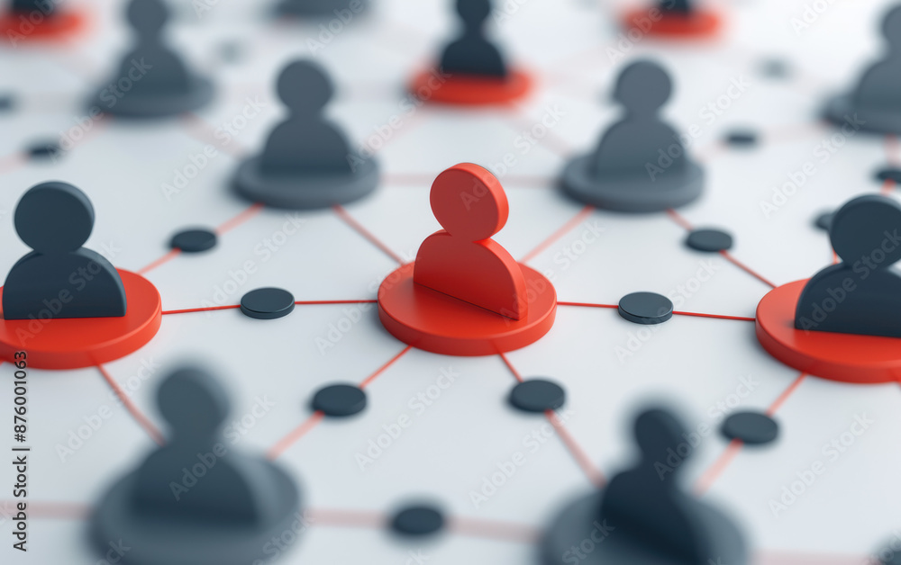 Poster conceptual image of network connections with a central figure highlighted in red. representing socia