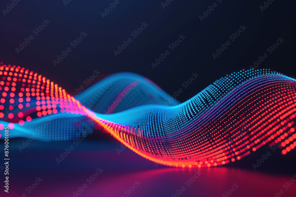 Poster abstract digital wave with blue and red dots on a dark background, representing data flow and techno
