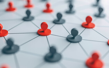 Network of red and gray pins connected by lines, symbolizing communication, connection, and teamwork. Central red pin stands out, highlighting leadership.