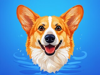 Happy corgi dog swimming in blue water on a sunny day