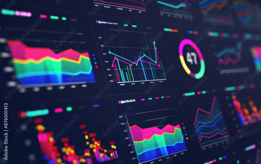 Poster brightly colored financial data graphs and charts displayed on a digital screen representing busines