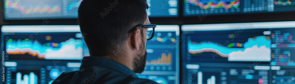 Poster man analyzing multiple financial data charts on computer monitors in office, focusing on market tren