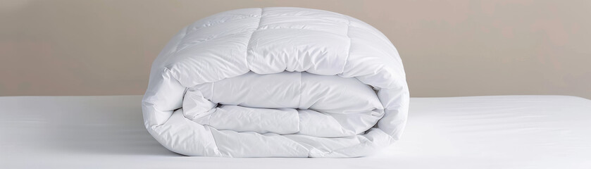 Neatly folded white down comforter placed on a clean bed against a neutral background, offering a cozy and inviting look for any bedroom decor.