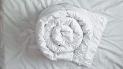 A neatly rolled white comforter on a soft bed, capturing the essence of comfort and cleanliness, perfect for bedroom product showcases and home decor inspiration.