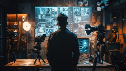 A filmmaker in a studio collaborates with an AI hologram suggesting new storyboard ideas on a digital screen. The studio is filled with cameras, lighting equipment, and film props, showcasing a