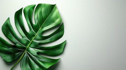 A large, green Monstera leaf with deep cuts rests on a light gray surface