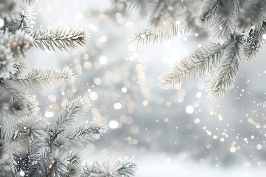 Winter background, close up of frosted pine branch on a snowing day with