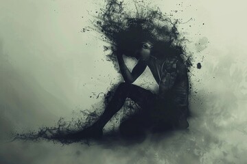 Young man suffering from depression listening music with headphones