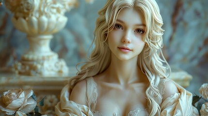 Fototapeta premium Lada- Appearance- a beautiful woman with long blonde hair and delicate features. She wears light and beautiful clothing. Character- kind and loving