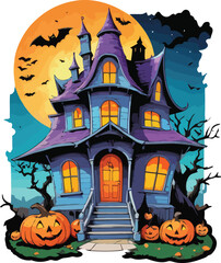 Scary Halloween Spooky House with pumpkins and flying bats at
Haunted Night Vector & illustration