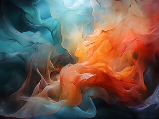 Translucent orange and blue paint flying and mixing in the air on a black background