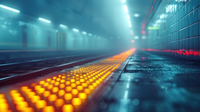 Empty subway platform with blue and yellow lights, foggy